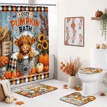1pc/4pcs Bubble Bath Highland Cow Funny Sunflower Pumpkin Plaid Autumn Decor Multi-Functional Bathroom Decor Shower Curtain Set, Free 12 Hooks, Premium Holiday Atmosphere, Bathroom Mat, U-Shaped Rug And Round Toilet Lid Cover, Suitable For Autumn Harvest All Occasions - Highland Cow Bubble Bath - View 6
