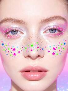 3pcs Y2K Neon Freckle Tattoo Sticker Set, Colorful Star, Moon & Heart Pattern Face Stickers, Waterproof Neon Freckle Stickers For Music Festivals, EDM Parties & Party Makeup - Multicolor - View 4