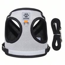 2 Peças Conjunto de Peitoral e Guia de 1,5m para Gato e Cachorro, Conjunto de Colete Reflexivo com Um Clique, Design com Gancho e Fivela, Anéis D Duplos nas Costas, Anel no Peito - Cinza - Visão 1