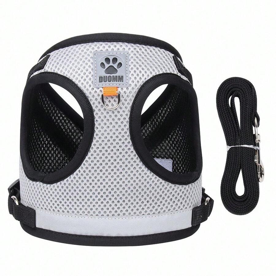 2 Peças Conjunto de Peitoral e Guia de 1,5m para Gato e Cachorro, Conjunto de Colete Reflexivo com Um Clique, Design com Gancho e Fivela, Anéis D Duplos nas Costas, Anel no Peito - Cinza - Visão 1