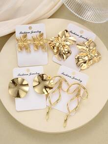 8pcs Anting Tusuk Tebal Lebar Berlebihan Desain Vintage Minimalis Elegan Indah Pita Geometris Tekstur Asimetris Bunga Bulat Gaya Logam Set Multi-Piece Hadiah Liburan Pesta Kencan Pakaian Sehari-hari untuk Perjalanan Harian - Yellow Gold - View 3