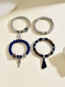 4pcs/Set Fashion Bohemian Wing Pendant, Printed "LOVE YOU" Elegant Women's Bracelet Set, Suitable For Daily Wear And Gift Giving - Royal Blue - View 4