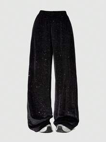 Lurzo Fashionable Girls Streamlined Gold Shiny Satin Wide Leg Pants, Suitable For Spring, Autumn, Winter Gatherings And Daily Outdoor Occasions - Black - View 3