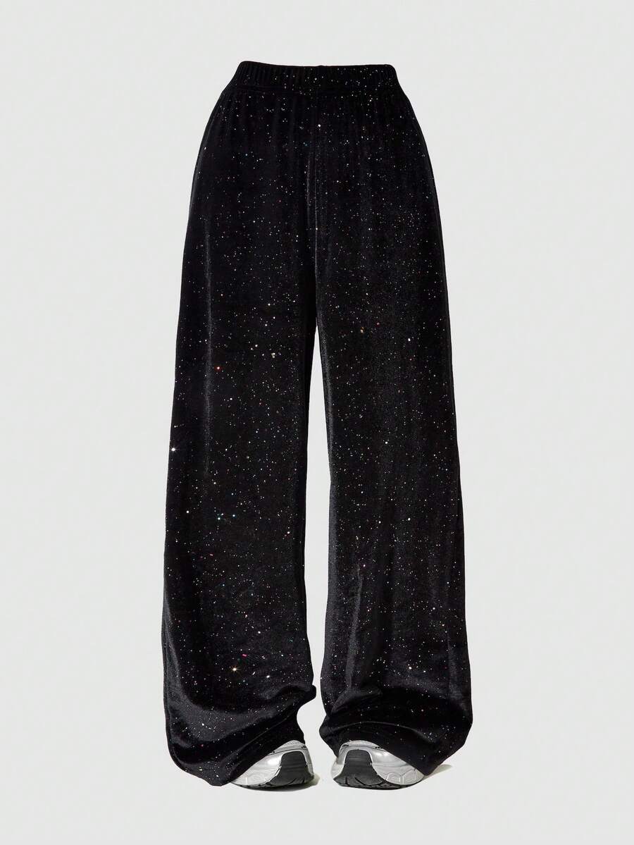Lurzo Fashionable Girls Streamlined Gold Shiny Satin Wide Leg Pants, Suitable For Spring, Autumn, Winter Gatherings And Daily Outdoor Occasions - Black - View 1