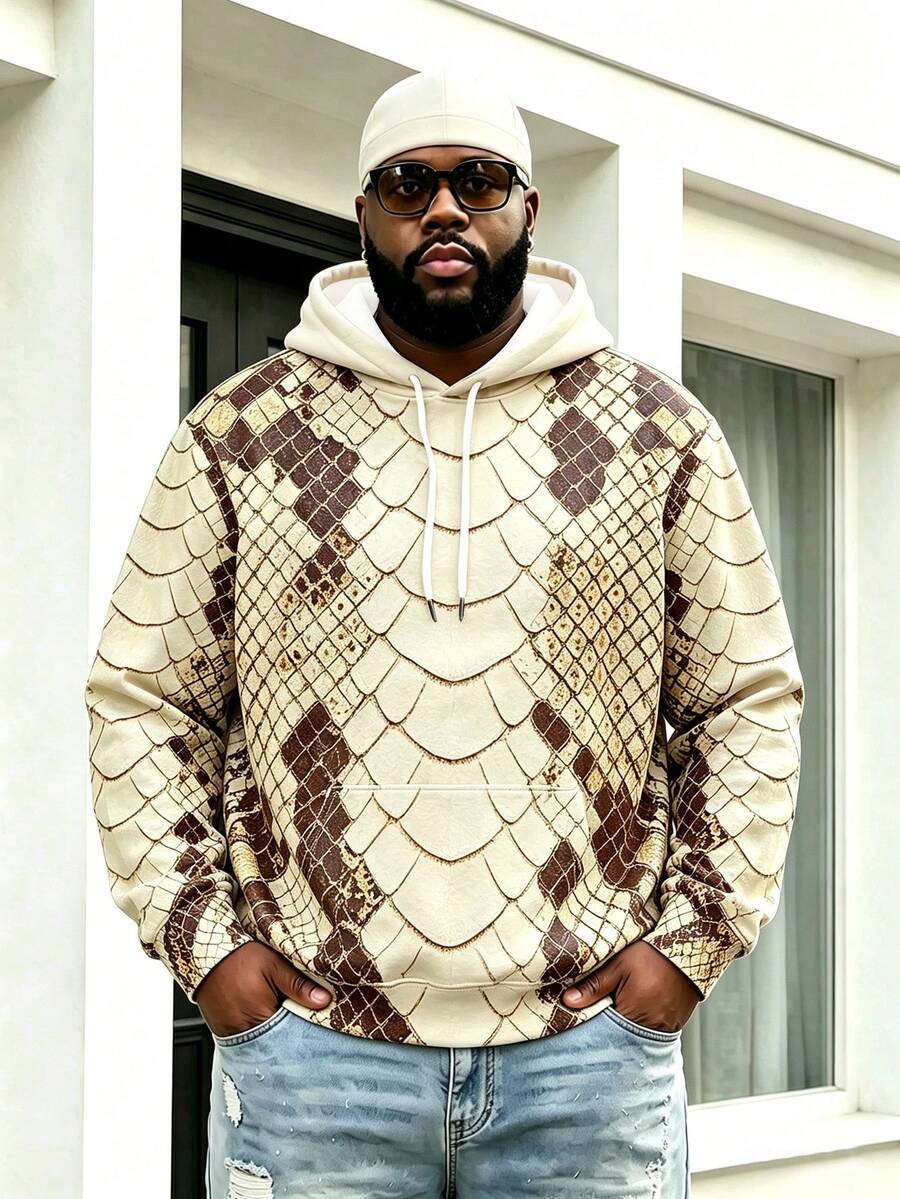 Plus Size Men's Snake Print Hooded Sweatshirt, American Vintage Snake Skin Pattern Loose Drop Shoulder Hoodie, Streetwear All-Over Snake Print Pocket Sweatshirt - Multicolor - View 1