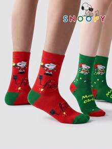 1/2 Pairs Snoopy Socks Men's Autumn/Winter Red & Green Christmas Mid-Calf Sports Socks, Cute Cartoon Pattern Unique Snoopy Halloween Socks - Multicolor - View 7