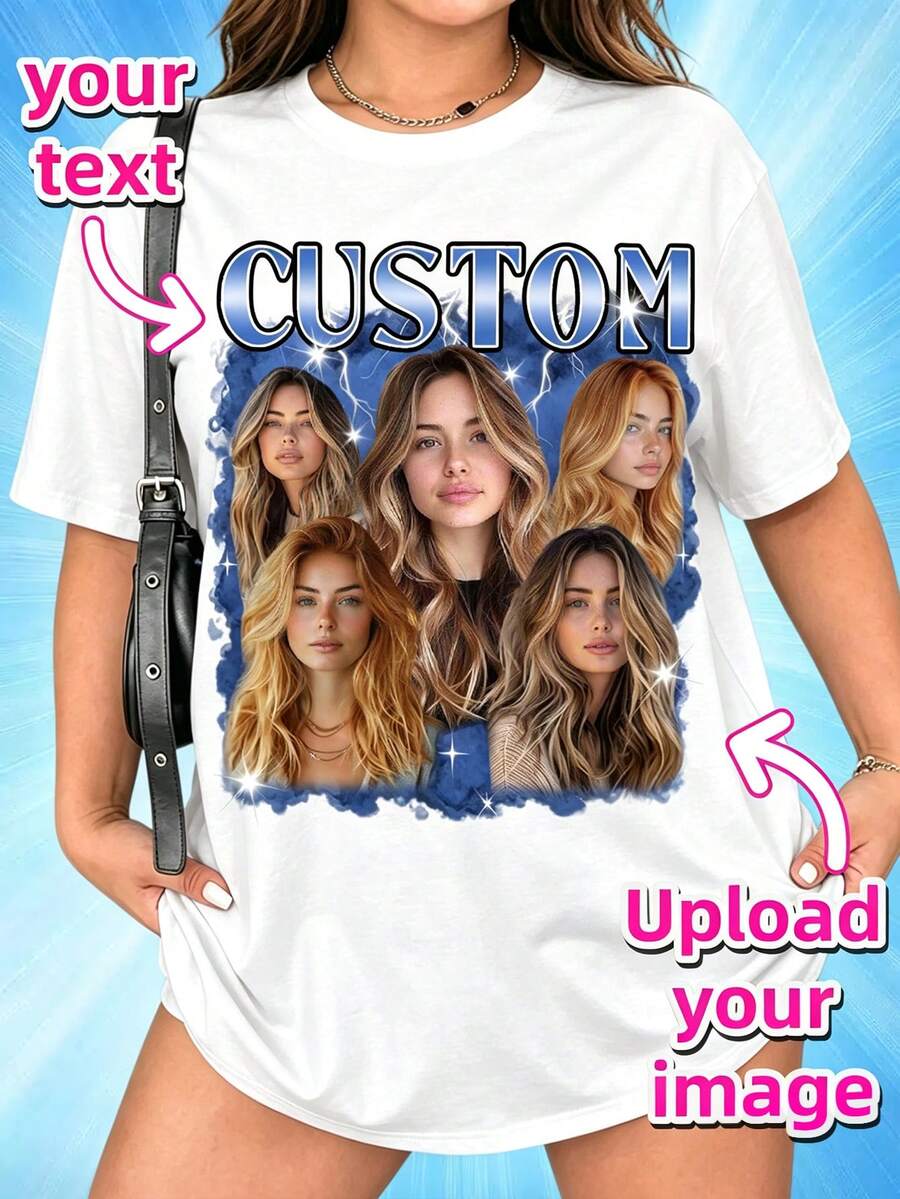 Kaos Ukuran Besar dengan Foto Kustom, Kaos Cetak Potret Vintage Era 90-an, Tambahkan Foto dan Teks Anda Sendiri, Hadiah Ulang Tahun yang Dipersonalisasi - Putih - View 1