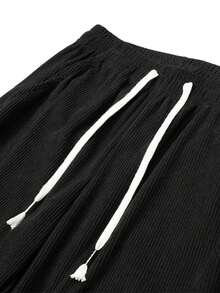 Women Black Ribbed Wide Leg Pants Elastic Drawstring Waist Relaxed Fit Casual Lounge Trousers For Everyday Wear. - Black - View 6