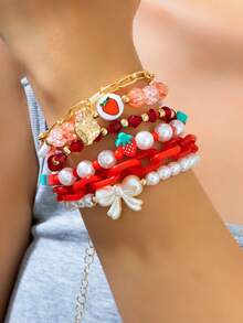 6pcs/Set Red Soft Clay Strawberry Pearl Bow Bracelet - Style 1 - View 5