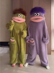 2er Pack/1er Pack/6 Stile: Weiß, Lila, Gelb, Grün Bodysuits, hochwertige Loungewear geeignet für Cosplay, Unisex Jumpsuits, Cartoon Großmäulcher Monster niedlich lustig verdickter Korallenfleece Loungewear, Paarpajamas, Cartoon Pajamas - A - Übersicht 3