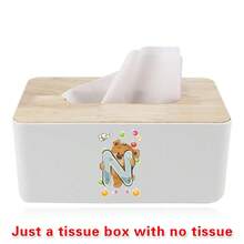 Nordic Tissue Box Bamboo-Lid Solid Wood Storage Case Desktop Napkin Holder Car Paper Dispenser Dormitory Organizer Box Holiday Decoration Storage Suitable For Home Office Use Initial Name 26 Letters Pattern - White - View 30