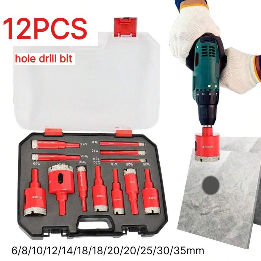 12pcs Heavy Duty Diamond Hole Saw Set, Hole Saw Drill Bit Set For Marble, For Wet And Dry Use, Can Drill Ceramic Tiles, Glass, Marble, Rock Slabs And Other High-Hardness Stones, Suitable For Manual And Home Decoration Scenes - Red - View 1