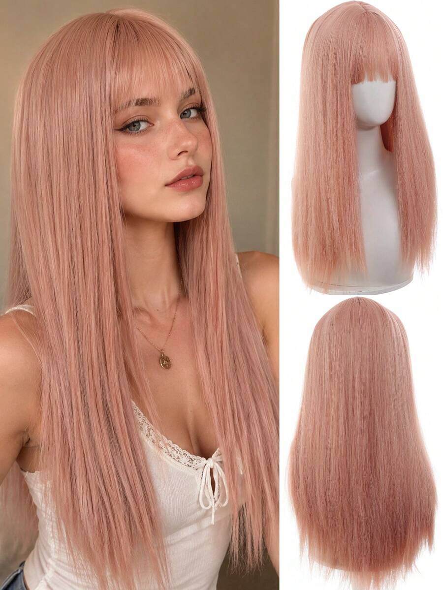 60cm Long Straight Synthetic Wig With Air Bangs Multicolor Hair Wig For Women Anime Cosplay Halloween Party Y2K Japanese Style - Multicolor - View 1