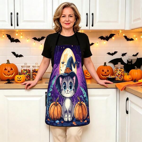 1pc Halloween Pumpkin, Ghost, Bat, Black Cat, Spider Web, Vintage Skeleton Witch, Haunted House, Halloween Pattern Apron, Suitable For Home Decor And Kitchen Use. Made Of 100% Polyester Material, Designed As Sleeveless Style, Perfect For Home Kitchen, Outdoor BBQ And Cooking. This Printed Apron Is Unisex, Machine Washable And Reusable, An Essential Kitchen Item