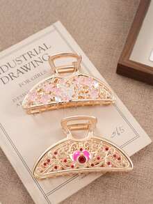 1Pc Floral Rhinestone Metal Hair Claw Clip, Hollow Crystal Strong Hold Hair Accessories For Women Wedding Daily Styling - Gold - View 7