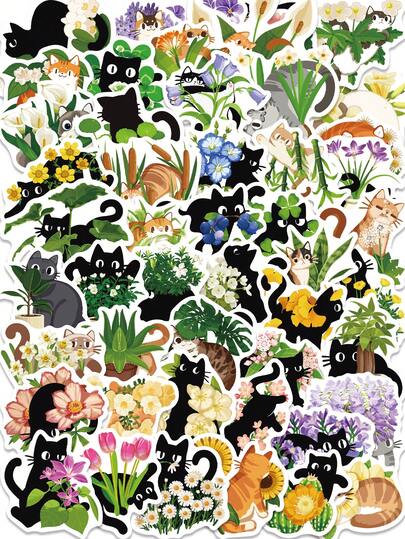 50PCS Cute Floral Plant Black Cat Vinyl Stickers, Aesthetic Garden Kitten Flower Leaf Adult Office Stationery Stickers For Water Tumbler Laptop Notebook Planner Journal Scrapbooking Luggage, Cat Lover Birthday Gift