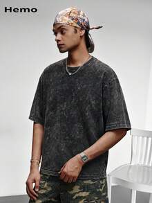 Hemo Men's Summer Street Style Graphic Square Box Cropped T-Shirt, Slightly Stretchy Washed Black Casual Everyday Wear Box Cropped Tee - Black - View 2