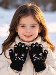 2 Pairs Kids Cute Cartoon Cat Print Knitted Full Finger Gloves, Soft Warm Winter Gloves, Elastic Ribbed Cuff Hand Protection, Suitable For Girls Outdoor Daily Wear - 2Pairs - View 9