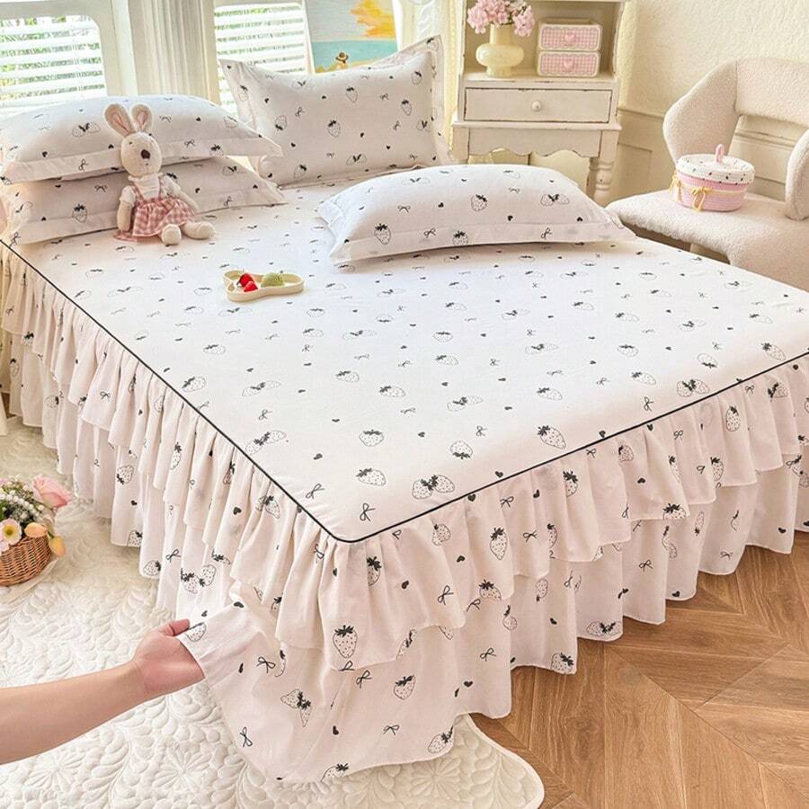 3 Piecesskin-Friendly Korean-Style Princess-Style Lace Bed Skirt Set, Including 1 Bed Skirt And 2 Pillowcases. Made Of Breathable Polyester, With High-Definition Printing. Suitable For All Seasons And Suitable For Home Or Dormitory Decoration. - Multicolor - View 1