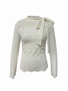 Exquisite Lace Crochet High Neck Long Sleeve Knit Sweater, Unique Bow Decor Layered Top, Women's Valentine's Day Outfit, Autumn/Winter/Spring - Apricot - View 6