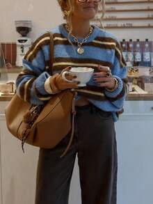 Women's Striped Crew Neck Dropped Shoulder Long Sleeve Loose Casual Sweater - Blue - View 5