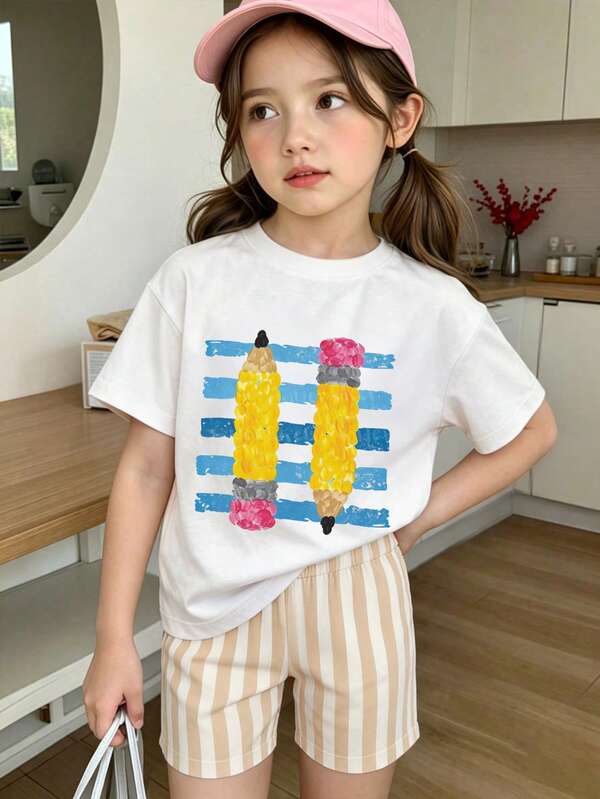 Girls' Pencil Print T-Shirt Featuring Two Yellow Pencil Graphics With Pink Erasers And Black Tips On A Hand-Painted Blue Stripe Background