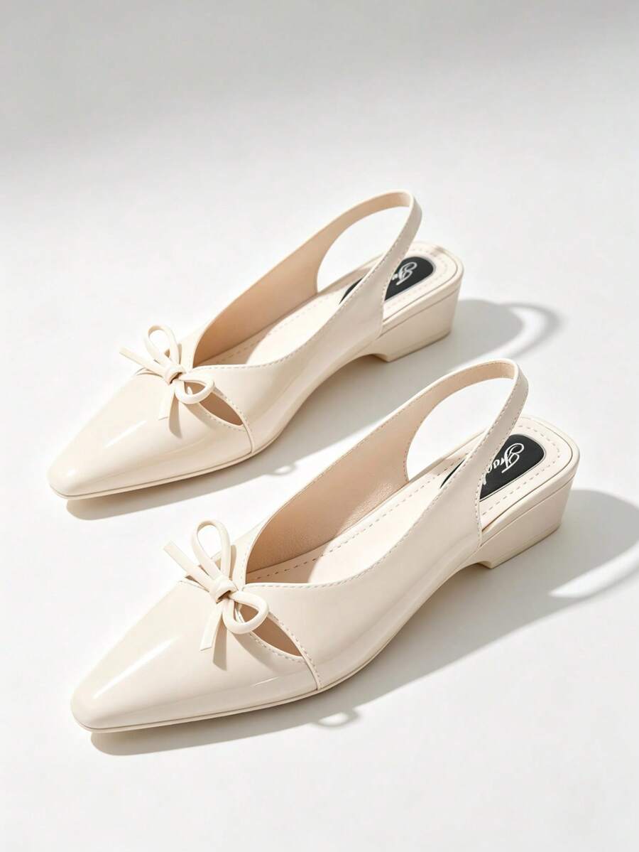 Women's Pointed Toe Slingback Low Heel Sandals, Gentle Style Bow Knot Low Vamp Chunky Heel Pumps, Commute Versatile Closed Toe High Heel Sandals - White - View 1