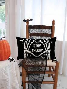 1/2/4件組萬聖節 Stay Spooky 抱枕套，骷髏蝙蝠裝飾靠墊套，適用沙發與長椅（單面印花，不含枕芯） - 黑色 - 查看 5