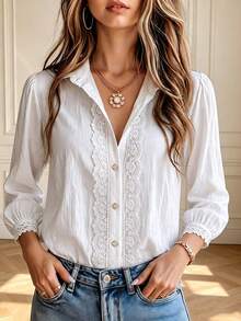 SwallowLucky Women's Elegant Lace Patchwork Thin Long Sleeve Top Solid White Blouse All Seasons Versatile For Office Vacation Grad Party Going Out Outfits - White - View 5