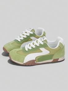 Flipark Retro Patchwork Mesh Suede Sneakers For Women, Breathable Lace Up Low Top Casual Walking Trainers - Green - View 2