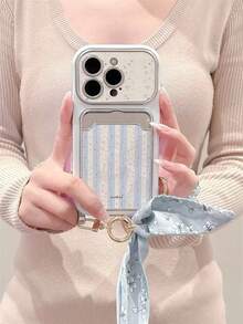Blue Striped Floral 17/16 Phone Case Compatible With Apple 15/14 Pro Max Card Holder Card Slot 13 Leather Fresh Style 3D Flower Chain Lanyard New INS - Multicolor - View 3