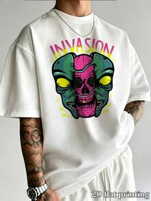 Men's Vintage Street Style Invasion Alien Skull Print Oversized T-Shirt, Casual Loose Crew Neck Short Sleeve Summer Tops Suitable For Daily Casual, Go - White - View 3