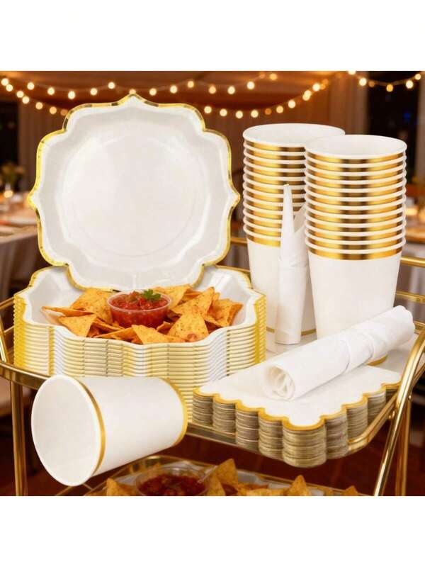 80/50pcs/Set Gold Foil Paper Cups & Napkins Set, Suitable For Various Occasions Such As Weddings, Gatherings, Parties, Restaurant Decor, Tableware, Kitchen, Picnics, Camping, Club Dining, Birthday Plates, Paper Plate Sets