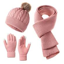 3pcs Winter 2025 New Women's Thermal Lined Cable Knit Pom Pom Hat & Scarf Set, Outdoor Cycling Warm 3 Pieces Set Unisex Solid Color - Multicolor - View 6
