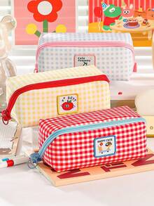 1pc Retro Plaid Pencil Case, Happy Cute Dancing Cat Colorful Plaid Multi-Pocket Square Stationery Storage Bag, Back To School Essential For Students - Multicolor - View 3