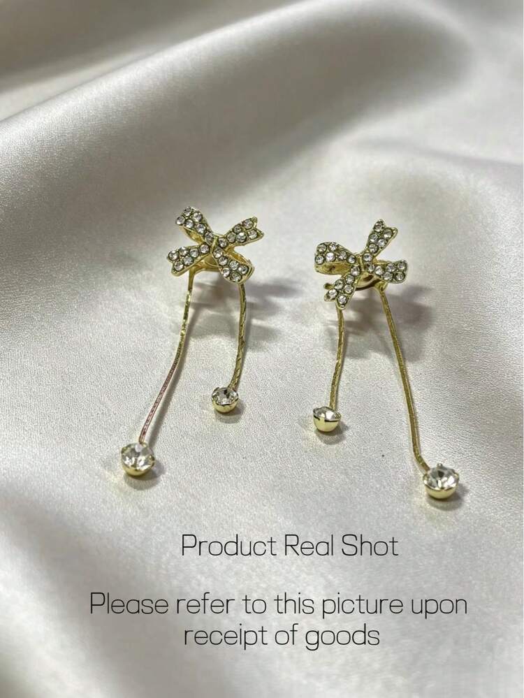 1pair Long Bow Crystal Earrings With Tassel Chain Dangle, Women's Casual Daily Jewelry - Yellow Gold - View 5