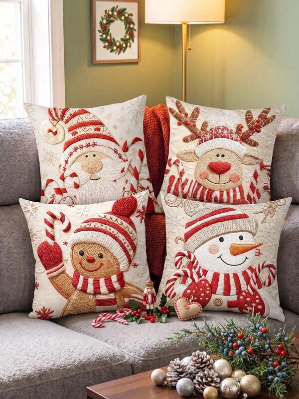 4 piezas Fundas de almohada navideñas, 45*45cm de piel de durazno y terciopelo, fundas decorativas con patrones de Papá Noel, muñeco de nieve, reno, hombre de jengibre, fundas de cojín, decoración navideña, decoración de Navidad, decoración (relleno de almohada no incluido)