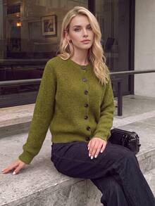 Nicenter Women's Fall‑Winter Cozy Wool Blend Ribbed Knit Crew Neck Button Front Relaxed Cropped Cardigan Sweater Tops Fall‑Winter Clothes For Women - Army Green - View 9