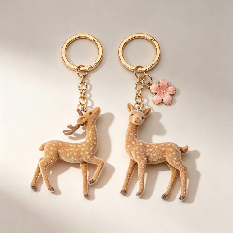1 Set 2pcs Unisex Flocked Series Key Chain Deer Pendant Accessories Bag Charm - Multicolor - View 1