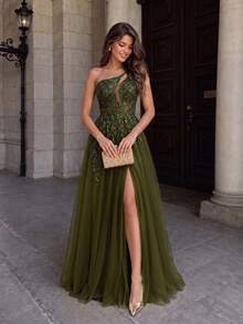 VIPGIRL Sleeveless Sequin Mesh Prom Dress With Asymmetrical Neck Design, Elegant Formal Evening Wedding Guest Gown, For Graduation, Dinner Party Dress Spring - Green - View 2