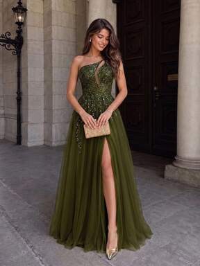 VIPGIRL Vestido de fiesta sin mangas con lentejuelas y malla, diseño de cuello asimétrico, elegante vestido formal de noche para invitada de boda, vestido para cena de primavera y otoño