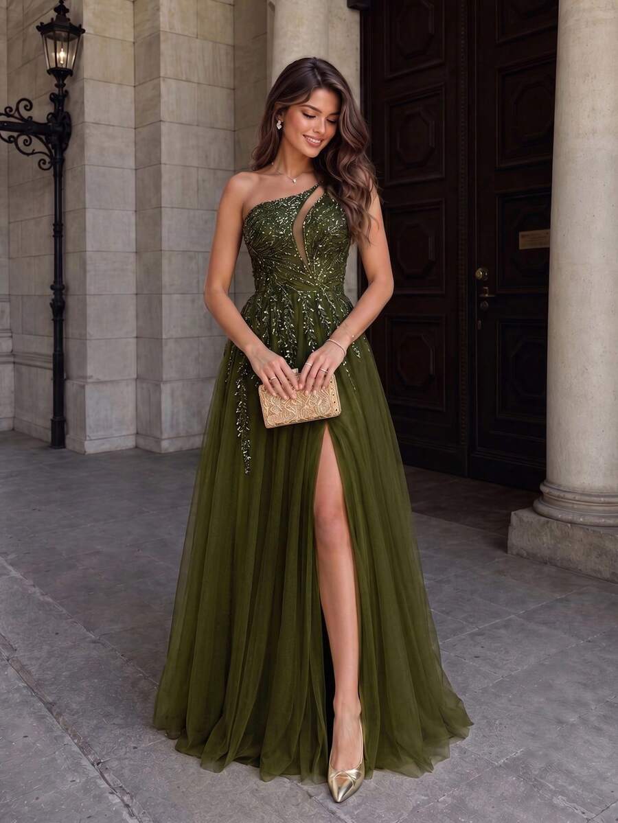 VIPGIRL Sleeveless Sequin Mesh Prom Dress With Asymmetrical Neck Design, Elegant Formal Evening Wedding Guest Gown, For Graduation, Dinner Party Dress Spring