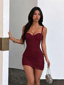 Women's Textured Spaghetti Strap Dress For Autumn, Flattering Chest Design, Suitable For Parties, Gatherings, Travel, Vacation, Beach - Burgundy - View 4