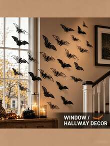 12/24 piezas Pegatinas de pared 3D huecas de murciélagos negros, 4 estilos de telaraña, luna, estrella y patrón de casa embrujada, calcomanías de pared 3D de murciélagos, decoración gótica de terror para fiesta de Halloween, adecuado para ventanas del hogar, chimenea, puerta, decoración de pared interior/exterior DIY - multicolor - Ver 7
