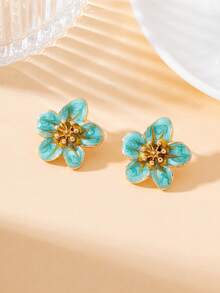 1 Pair Exquisite Design Summer Green Enamel Drip Oil Fake Beach Style Flower Shaped Versatile Women's Plumeria Stud Earrings - Green - View 2