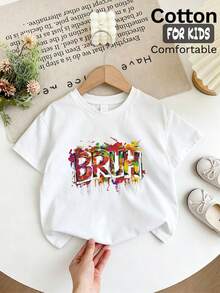 Short-Sleeve T-Shirt Featuring A Colorful Paint-Splatter 'BRUH' Graffiti Text Print, Playful Street-Art Inspired Graphic Top For Tween Girl - White - View 5