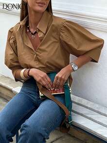 DONICY Women's Solid Color Lapel Mid-Sleeve Petal Sleeve Blouse, Fashionable And Elegant Top - Coffee Brown - View 2