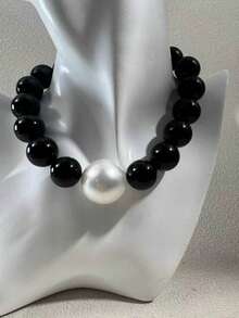 1pc French Minimalist Elegant Black & White Contrast Acrylic Beaded Faux Pearl Necklace, Versatile Jewelry Gift For Women - 31979-nek-black-eP - View 9