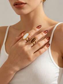 1pc/2pcs Stainless Steel Elegant Vintage Style Amber Oval Ring Set Suitable For Women's Daily, Holiday, Date And Travel Wear - Multicolor - View 2