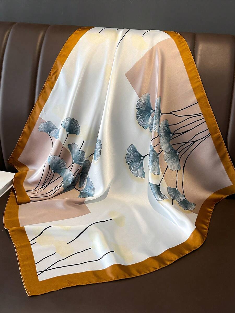 1件女款小號緞面正方形印花圍巾手帕頭巾 薄款頸巾髮帶披肩 - 卡其色 - 查看 1